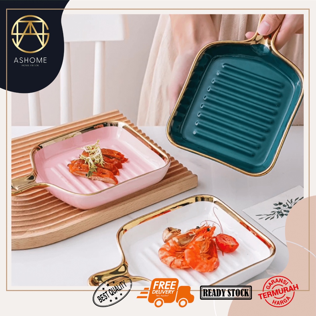 ASHOME Piring Gagang Keramik Motif Garis Bentuk Kotak Dengan Gagang Warna Emas Elegan Mewah / Panci 
