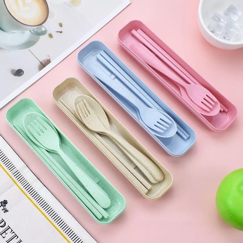 SENDOK GARPU SUMPIT 3IN1 / ALAT MAKAN PORTABLE SET BAHAN PLASTIK JERAMI GANDUM