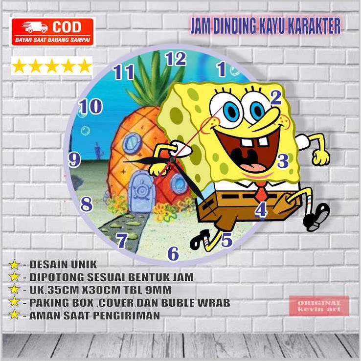 JAM DINDING KAYU UNIK BESAR KARAKTER GAMBAR SPONGEBOB MURAH