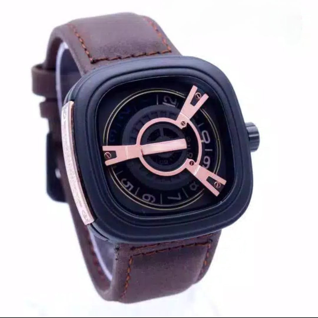 Jam Tangan Pria Kasual Sports Kotak M2 Strap Kulit Case Rose