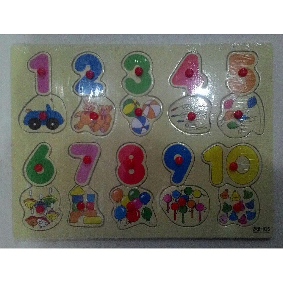 Papan Kayu Puzzle Stiker Angka 1-10 Dgn Pin Knop Pengangkat