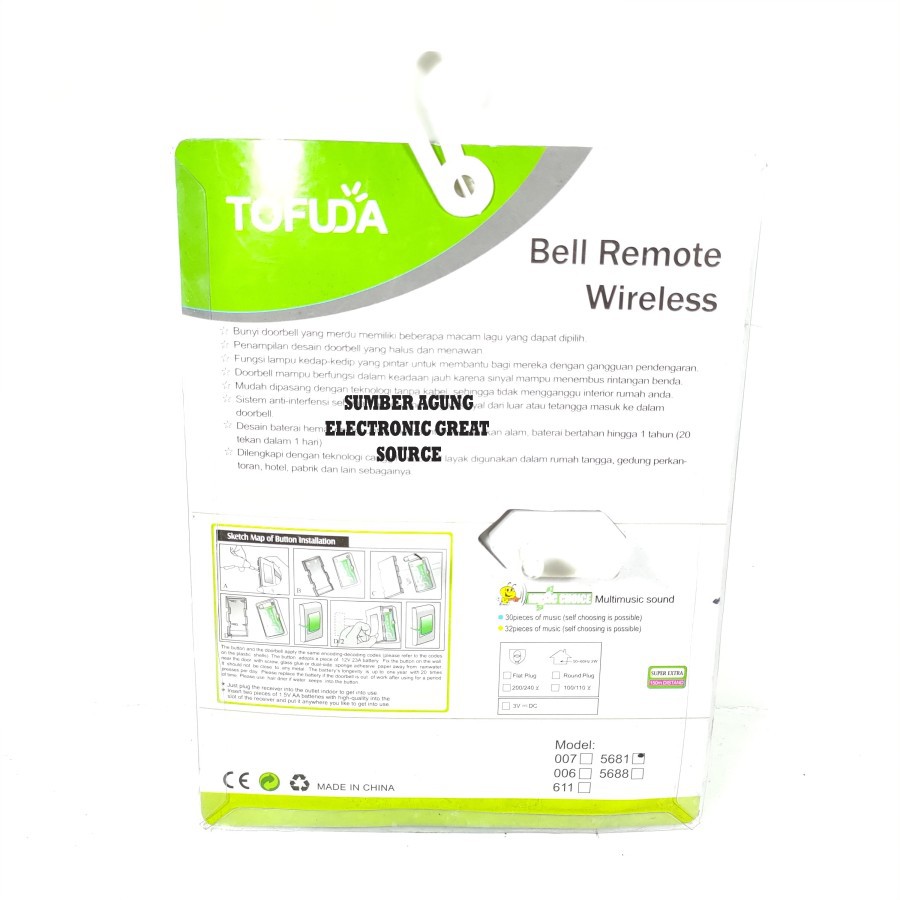 Bell Rumah 2 Remot Bel Pintu Wireless Merk Tofuda Portable