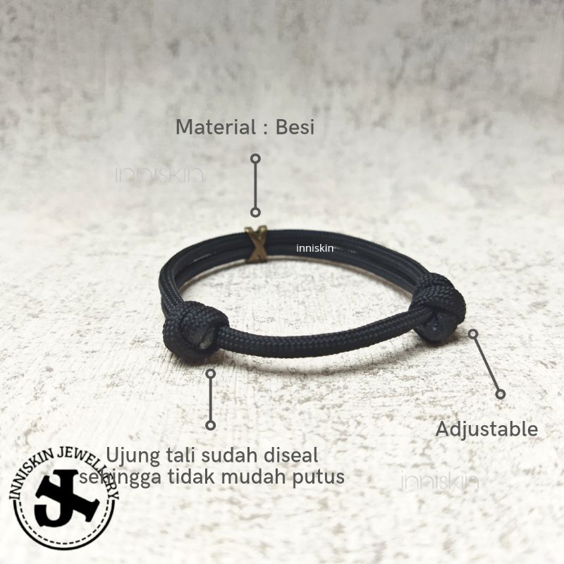 Gelang Paracord Hitam + Besi X / Gelang Paracord Hitam 4mm / Gelang Beads X / Gelang Paracord