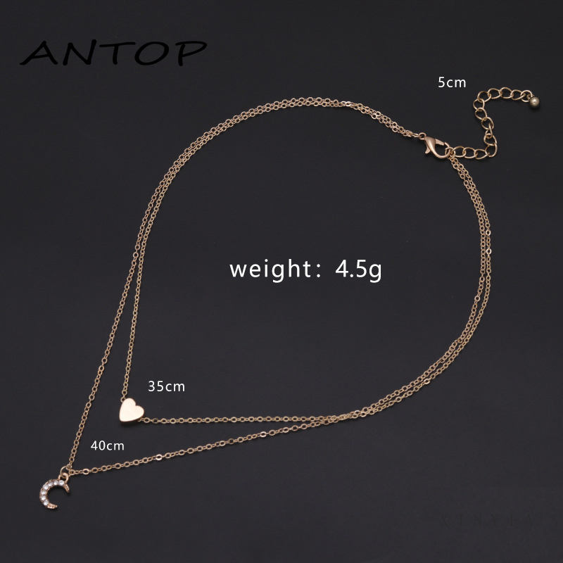 Kalung Rantai Multilayer Dengan Liontin Hati Dan Bulan Untuk Wanita ANTOP