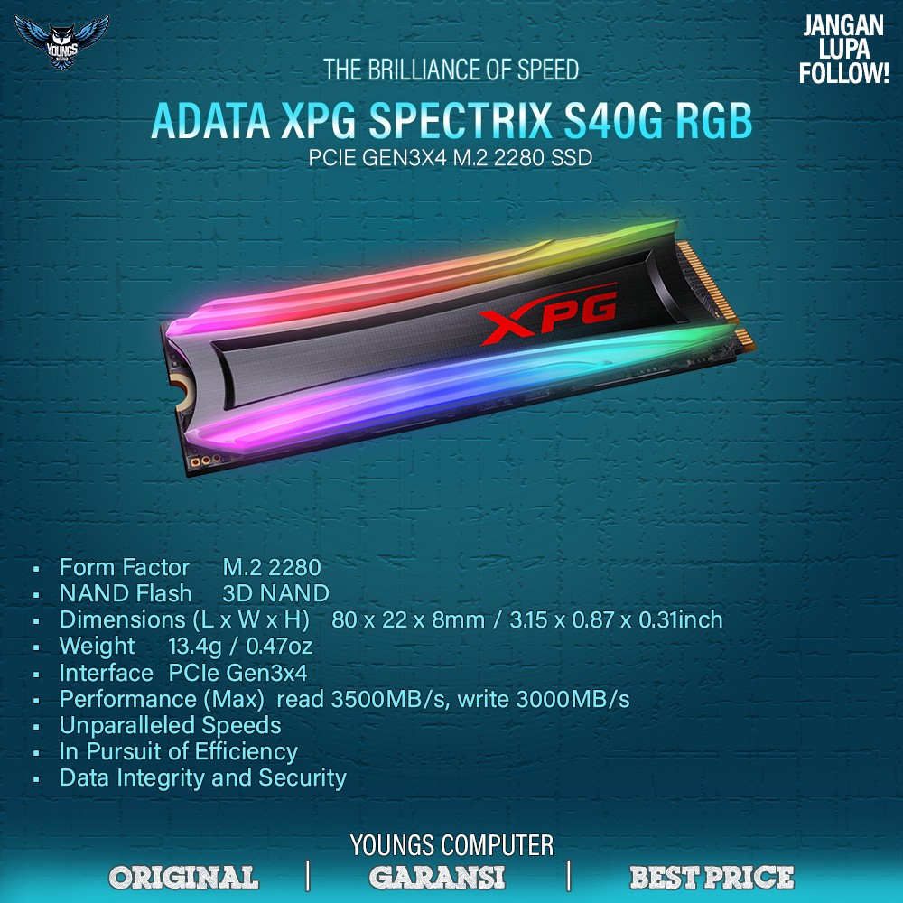 ADATA XPG SPECTRIX S40G RGB 512GB Gen3x4 M.2 SSD NVMe GARANSI 5 TAHUN