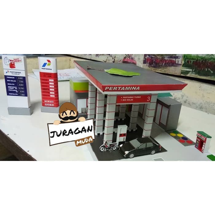 DIY Miniatur Papercraft SPBU Pertamina Plus 2 Totem Merah dan Biru