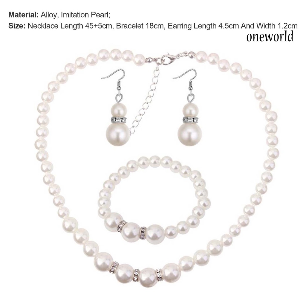 OW@ 3Pcs Elegant Women Faux Pearl Necklace Hook Earrings Bracelet Wedding Jewelry Gift