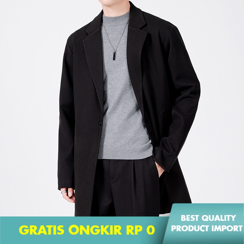 Jas Pria Setelan Jas Pria Pria Murni Warna Youth Wol Mantel Jaket Pria Kasual  Korea  Hitam Mid-Panj