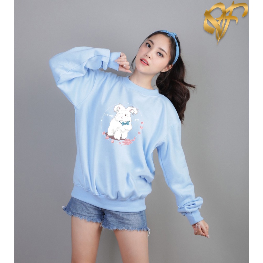 Sweater Love Rabbit Sakura Aesthetic Pria &amp; Wanita | Sweater Korea Style Fleece Cotton | Dhea Fashion