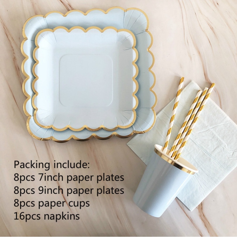 40Pcs/set Disposable Light Blue Bronzing Tableware Paper Dessert Dinner Plate for Festival Party Supplies