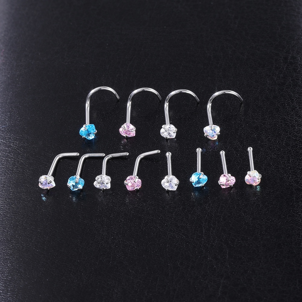 3-12Pcs/lot Color Crystal Nose Piercing Set 20G Stainless Steel Nose Studs 3mm L Shape S Shape Nostril Piercing Jewelry