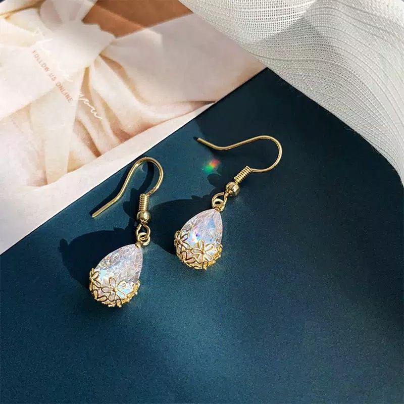 FerenHongXia anting gantung kristal zircon bentuk tetesan air gaya vintage alegan