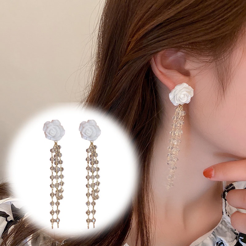 Anting Gantung Panjang Model Bunga Dengan Rumbai Kristal Gaya Retro Untuk Wanita