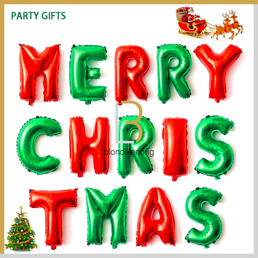 Balon Foil Dekorasi Dekor Topper Garland Garlan  Spanduk Banner Merry Christmas Christmast Baloon Decoration Cafe Kafe Aksesoris Asesoris Pesta Selamat Hari Natal Huruf Metalic Metalik Gantung Dinding 1 Set Murah 16 Inch 14 Pcs 40 Cm