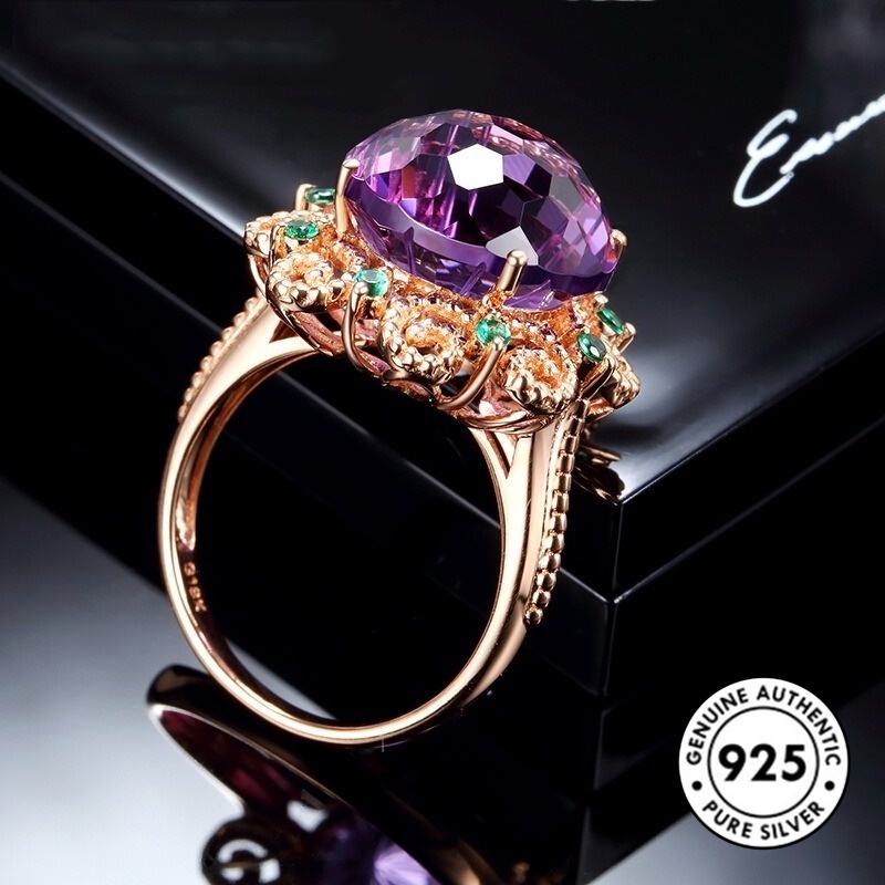 Cincin Sterling Silver 925 Model Hollow Dengan Batu Amethyst Warna Rose Gold Untuk Wanita