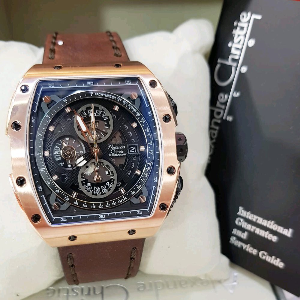 JAM TANGAN ALEXANDRE CHRISTIE WATCH AC 6411 PRIA ROSEGOLD BLACK LEATHER BROWN ORIGINAL