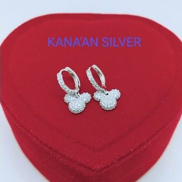 Anting jepit anak & remaja Mickey mouse mata putih full perak asli925/silver lapisan mas putih murni