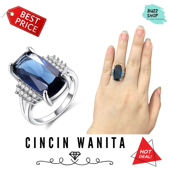 Cincin Wanita Blue Sapphire Crystal Zircon Cubic Silver 925 JC-017