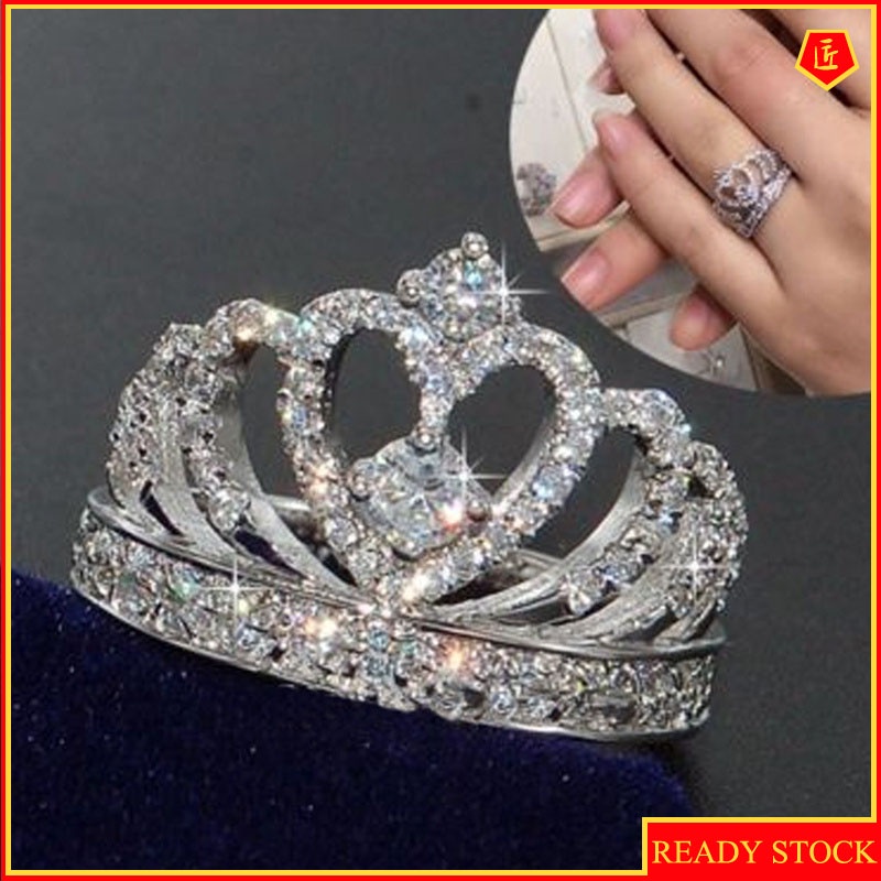 [Ready Stock]Women's Crown Zircon Silver Ring Fashion Creative