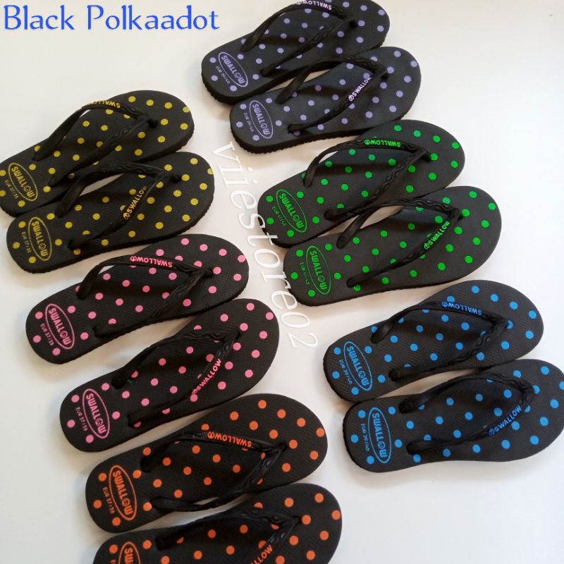 Sandal Jepit Karet Wanita Swallow Black Polkadot Original