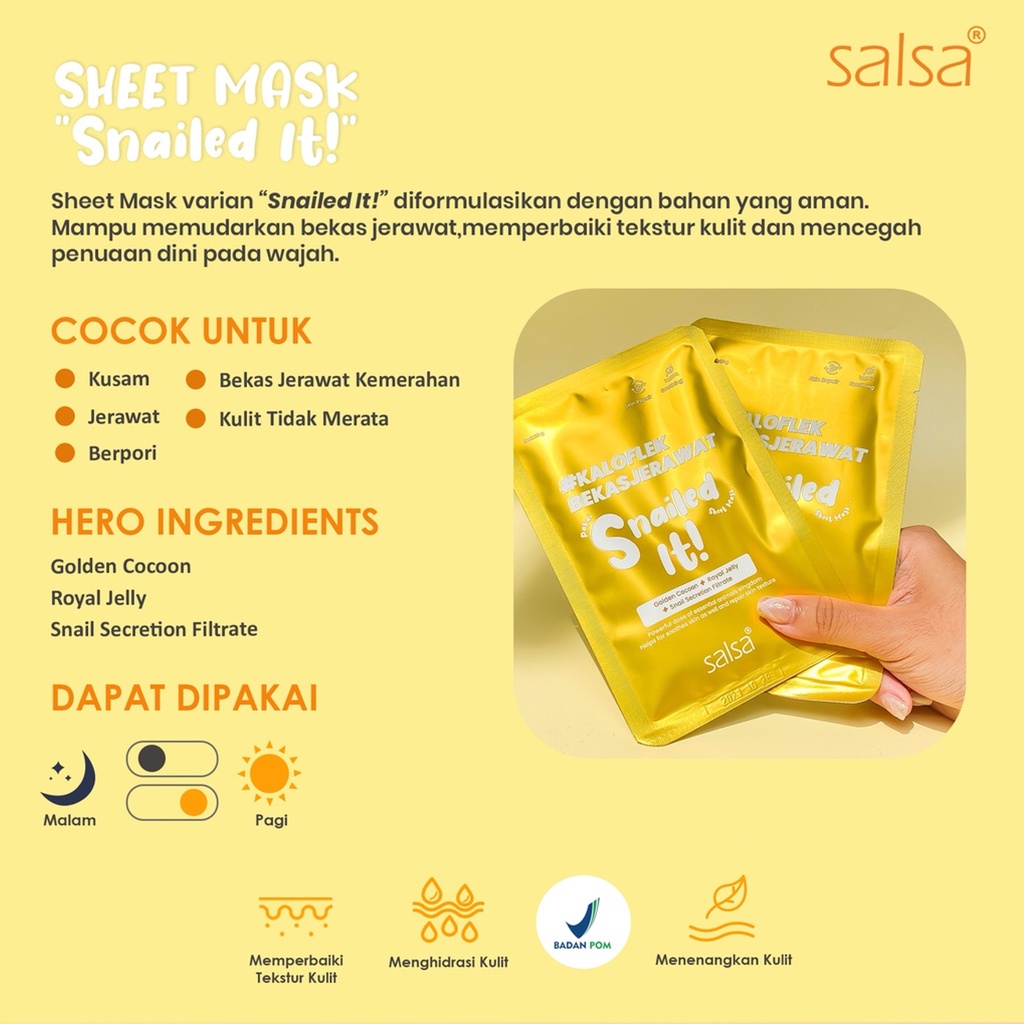 Salsa Sheet Mask 20gr | Masker Wajah Salsa Vitamin ABC, Snailed it, Hyaluronic | BPOM