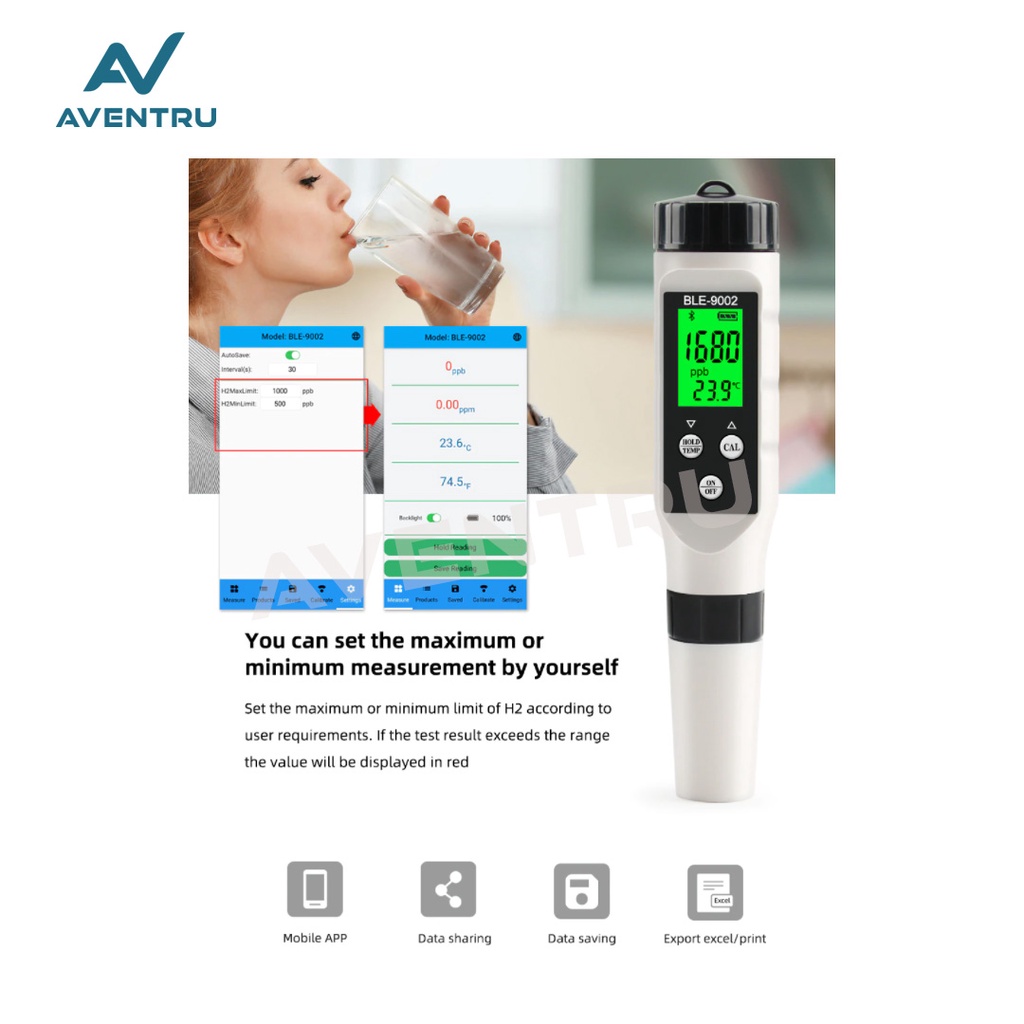 2in1 H2 Hydrogen Temperature Meter BLE 9002 Pengukur Kualitas Air