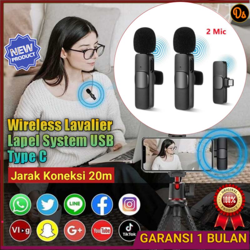 ORIGINAL Mic HP Mic external hp Wireless Lavalier Lapel System USB Type C 2 Microphone Microfon HP microphone wireless hp mic wireless hp mic untuk hp mikrofon hp mic eksternal hp microphone vlog hp dual mic ONEDERY Murah original 7RCS5XBK