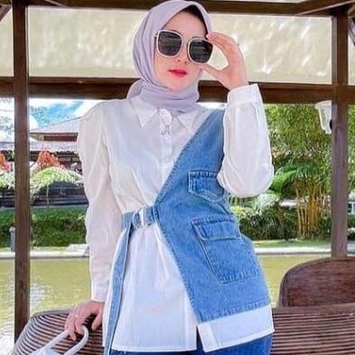 Harga Bersahabat.. [COD] SIAP KIRIM - Nada Set 2in1 Atasan Blouse Kemeja Top Muslim Free Rompi Jeans