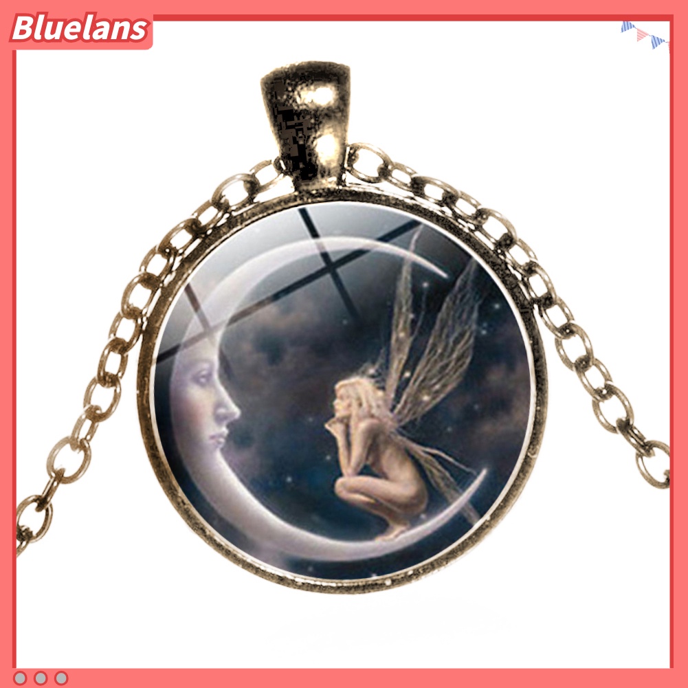 Bluelans Vintage Women Moon Angel Cabochon Glass Pendant Sweater Chain Necklace Jewelry