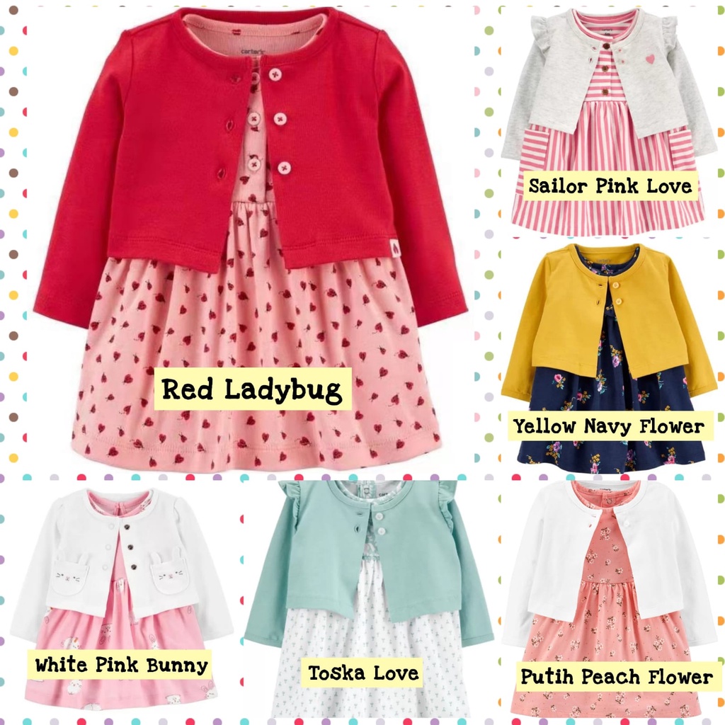 Dress Bayi 2 in 1 Dress Kardigan Bayi Newborn Anak Perempuan Dress Jumper Cardigan Bodysuit