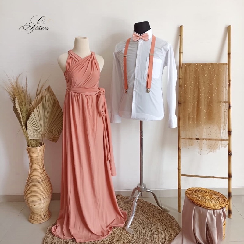 paket hemat multiway dress infinity maxi long dress bridesmaid peach salem + suspender bretel peach 