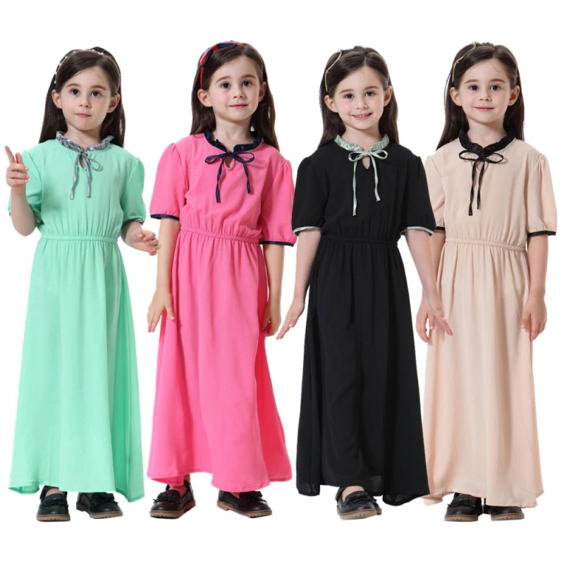 FREEONGKIR Fashion Baru Muslim Turki Arab Gaun Manis Gaya Lengan Pendek Muslim Abaya Gaun Anak