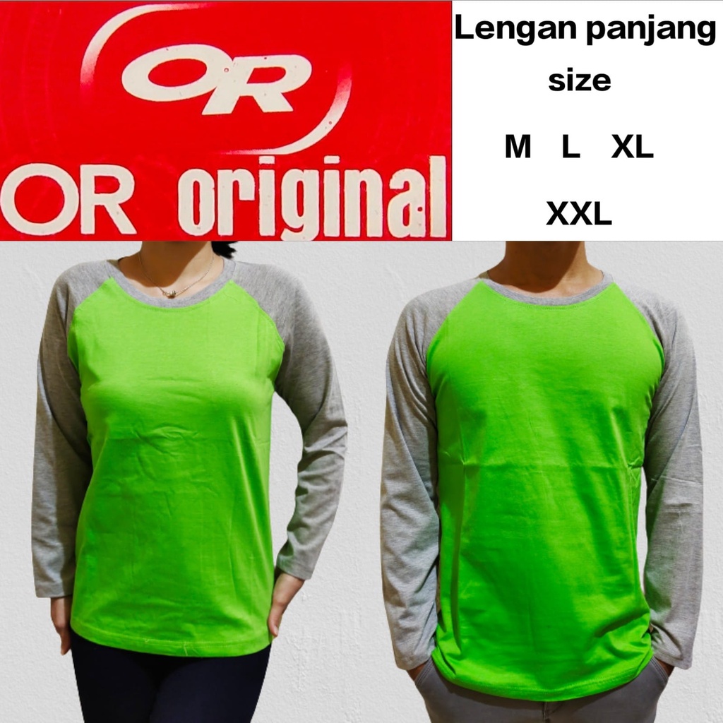 Kaos reglan polos hijau stabilo  lengan abu  misty panjang M L XL XXL