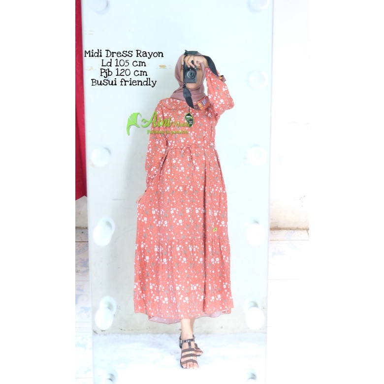 agen gamis midi dress rayon premium motif bunga rempel warna aini