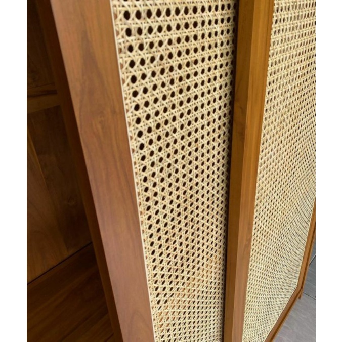 ALMARI PAKAIAN CUSTOM LEMARI SLEDING ROTAN MINIMALIS RETRO VINTAGE CABINET PINTU 2 LACI DALAM NATURAL BAHAN KAYU JATI TUA FURNITURE JEPARA-4