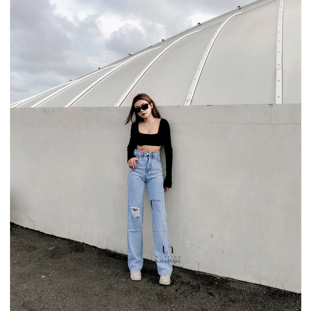 Nara Pants Ripped  Snowblue Jeans - Highwaist Loose Ripped Jeans