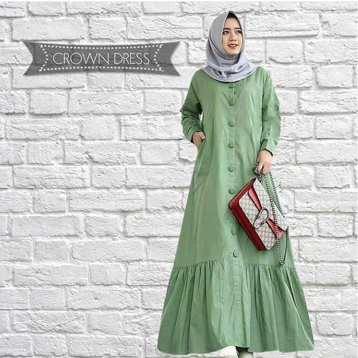 Fashion Wanita: Long Dress Muslim Lengan Panjang dengan Kancing, Warna Polos