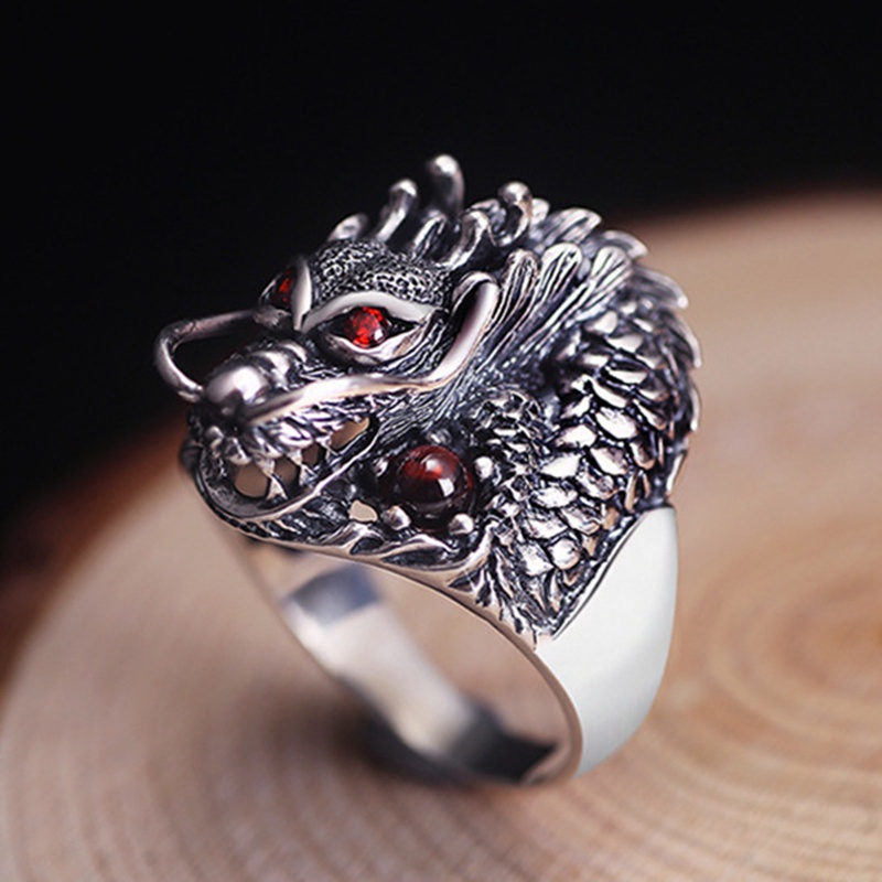 Cincin Sterling Silver 925 Desain Naga Cina Gaya Punk