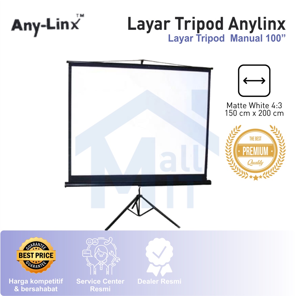 MDN Layar Tripot Proyektor Projector ANYLINX 100 inci 4:3 2 m x 1.5 m