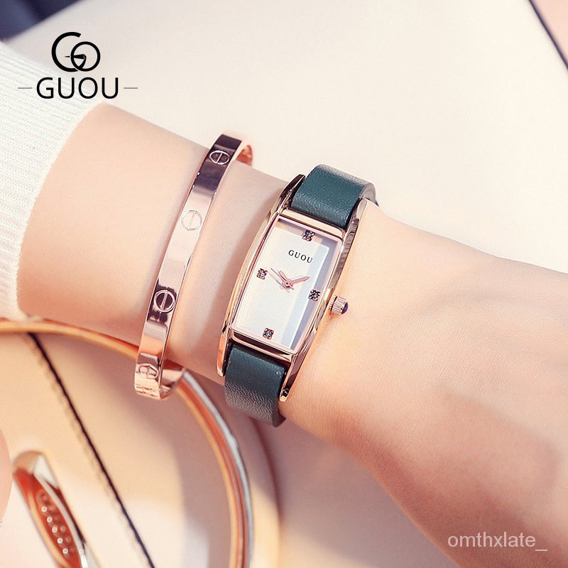 【Factory Outlet】GUOU  Kecil Square Watch Belt Wanita Berjaga-jaga Watch Tonneau Kulit Asli Wanita Sabuk Kuar