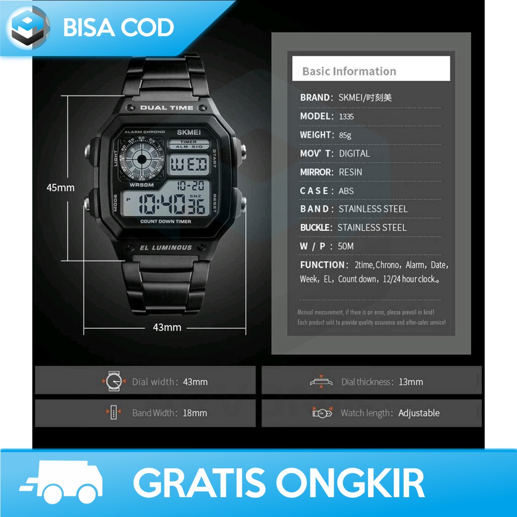 JAM TANGAN COWOK DIGITAL ANTI AIR SKMEI ORIGINAL 1335 - JAM TANGAN DIGITAL KOTAK MURAH BERGARANSI