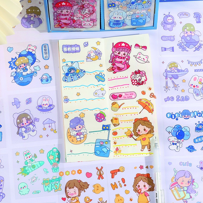100 Lembar Stiker Motif Kartun Luar Angkasa Anti Air Untuk Dekorasi Diary DIY