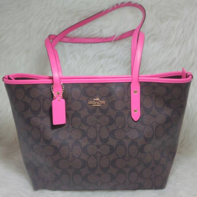 TAS COACH CITY ZIP TOTE BROWN BLACK FUCHSIA F58292 AUTHENTIC 100%
