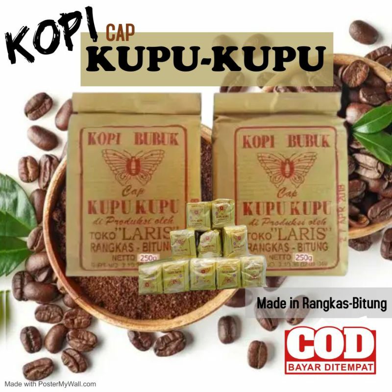 

kopi kupu-kupu | kopi bubuk hitam cap kupu kupu | saset isi 20 pcs, besar isi 250gr