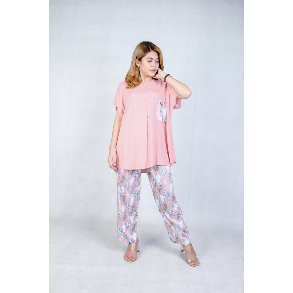 Setelan Piyama Babydoll Lengan Pendek Kekinian Baju Tidur One Set Rayon Premium Wanita Dewasa Busui-Pink Leaf