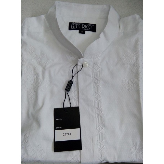 Kemeja Koko RITA RICCI bordir putih lengan panjang ukuran S- big size