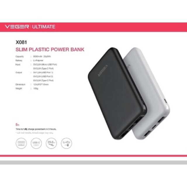 POWER BANK MURAH ORI VEGER POWERBANK VEGER v16 / V80 / X101 led / X103  slim ada warna hitam hijau dan putih