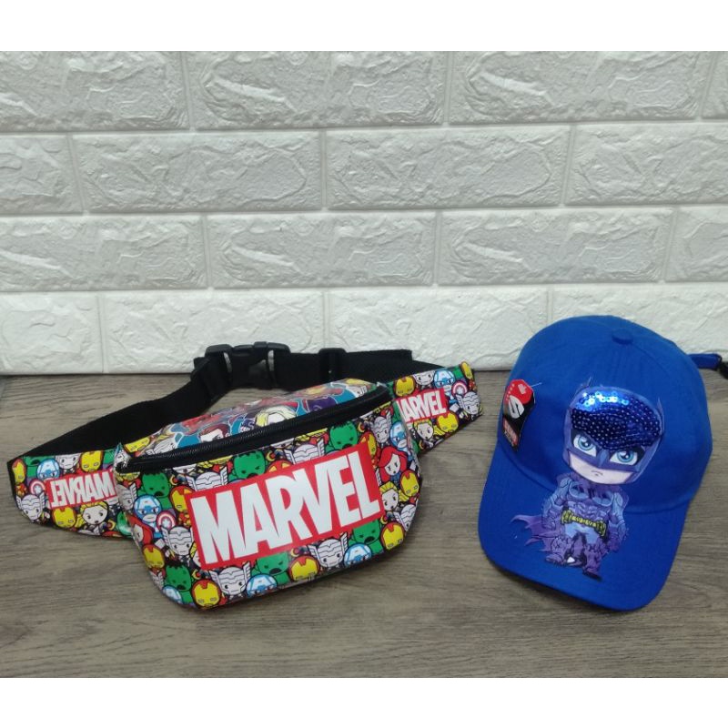 Waistbag anak tas SLempang batman/Marvel free topi LED nyala