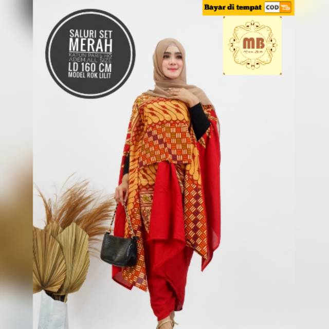 set baju batik kaftan saluri merah kaftan batik premium
