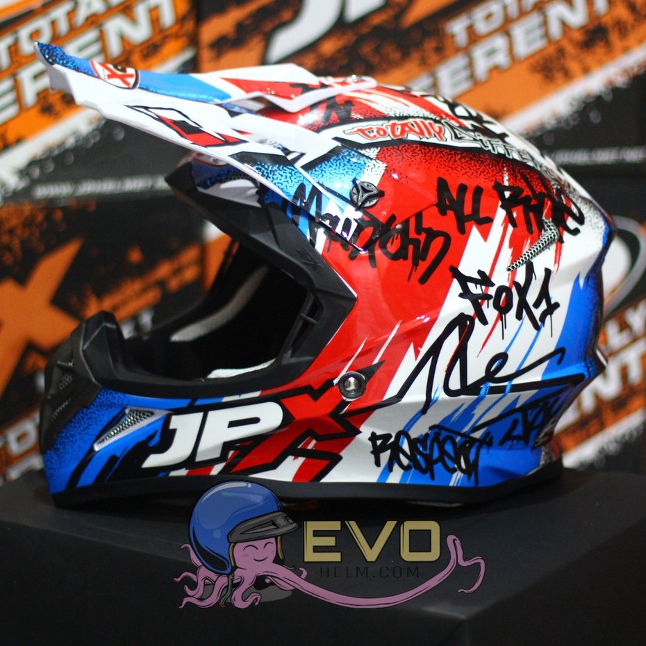 HELM JPX CROSS_FOX1 SERI X6 - PEARL WHITE / BLUE + GOOGLE SNAIL (ONGKIR 2 KG) HELM JPX X6 WHITE ORIGINAL HELM TRAIL HELM KLX JPX SUPERCROSS HELM ADVENTURE JPX X6 RESPECT MOTIF TERBARU JPX HELM JPX TERBARU